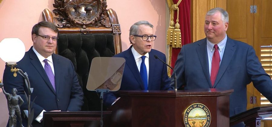 Senate President Larry Obhof (R-Medina, left) stands alongside Gov. Mike DeWine during DeWine's first State of the State speech in March.