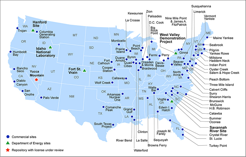 A map of current storage sites for high-level radioactive waste and spent nuclear fuel in the U.S.
