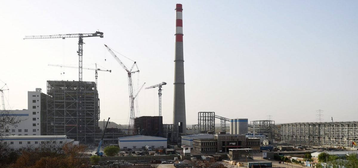 A Chinese-backed power plant under construction in 2018 in the desert in the Tharparkar district of Pakistan's southern Sindh province.