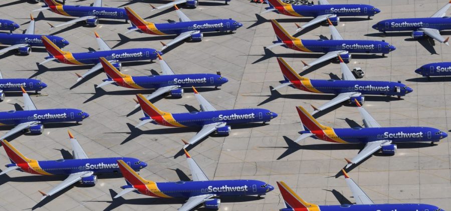 Southwest Airlines Boeing 737 Max aircraft are parked at a Southern California airport after the aircraft was grounded by the FAA.