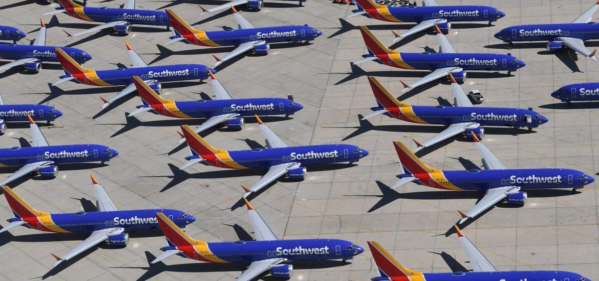 Southwest Airlines Boeing 737 Max aircraft are parked at a Southern California airport after the aircraft was grounded by the FAA.