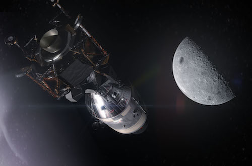 Computer image of Apollo 11 in space, headed towards the moon