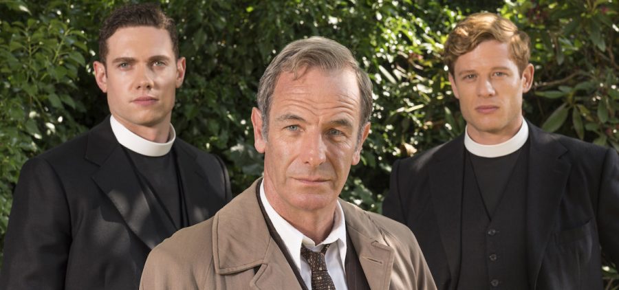 Grantchester photo. Two priests behind a detective