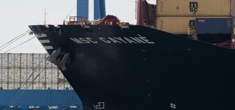 The container ship MSC Gayane on the Delaware River in Philadelphia on Tuesday. U.S. authorities have seized more than $1 billion worth of cocaine from a ship, reportedly the Gayane, at a Philadelphia port.