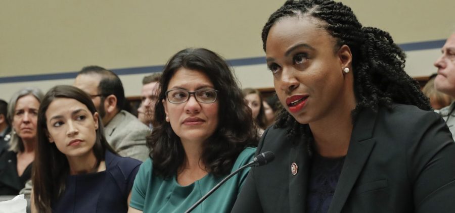 Reps. Alexandria Ocasio-Cortez, Rashida Tlaib, and Ayanna Pressley, three of the four Congresswomen President Trump has attacked on twitter, during a House hearing last week.