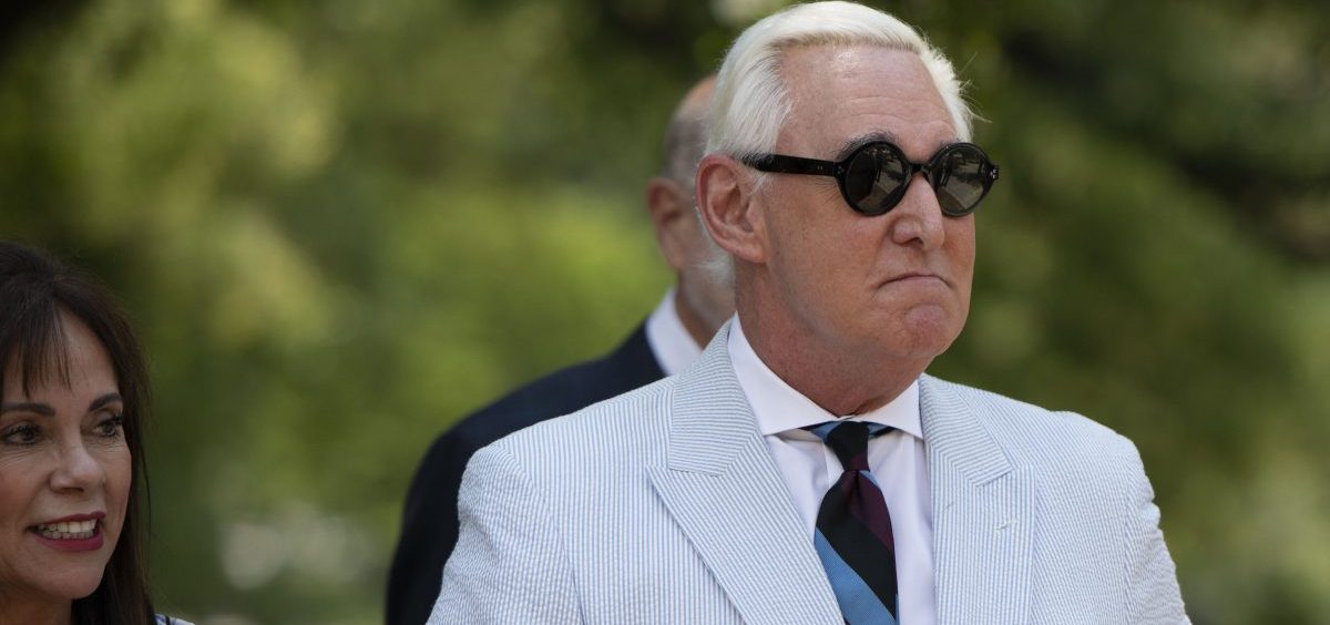 Roger Stone, a longtime confidant of President Donald Trump, accompanied by his wife, Nydia Stone, left federal court in Washington, Tuesday, July 16, 2019.