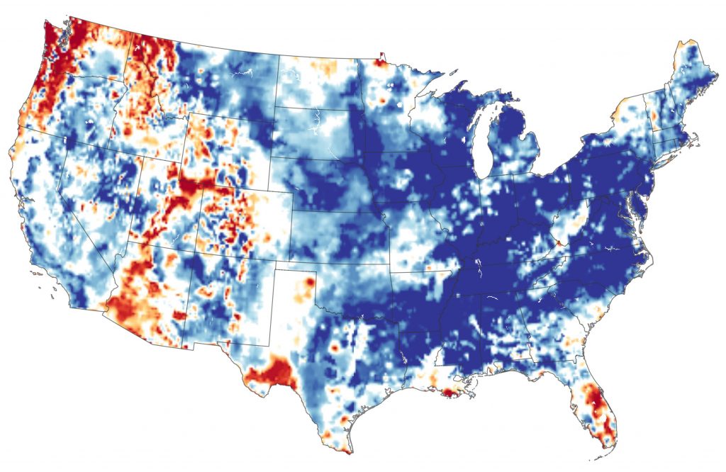 More precipitation fell in the continental U.S. in the 12 months ending in May 2019 than ever recorded. Records go back more than 120 years. Blue areas had more groundwater than usual for May. Orange and red areas had less.