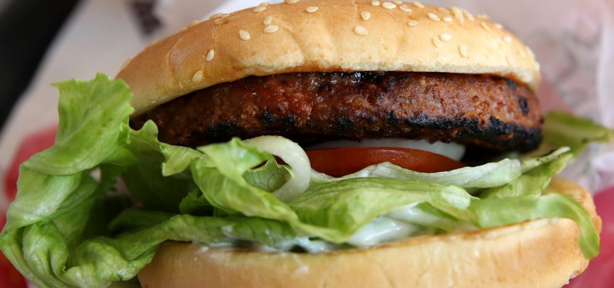 A Beyond Meat burger is displayed at a Carl's Jr. restaurant in San Francisco. The rise of meat alternatives made of plants, or even grown from animal cells, has sparked new laws on food labeling.