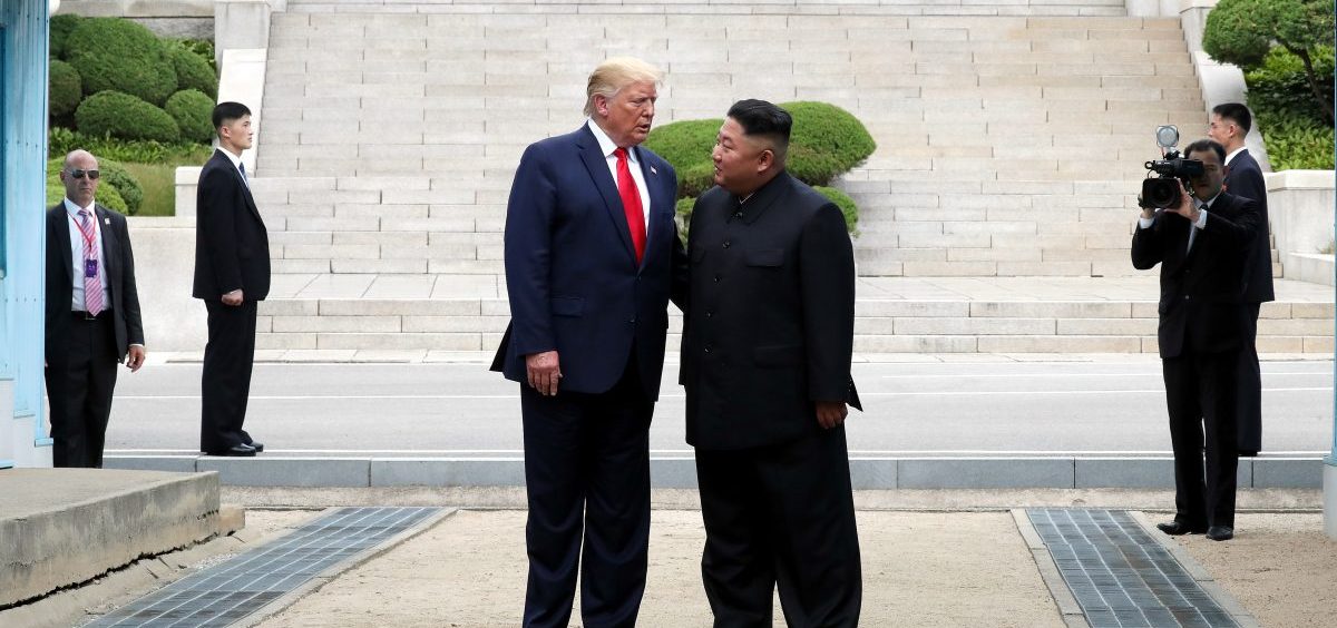 A handout photo provided by Dong-A Ilbo of North Korean leader Kim Jong Un and U.S. President Donald Trump inside the demilitarized zone separating the South and North Korea on June 30.