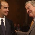 Eugene Scalia (left) talks with Missouri Sen. Kit Bond before Scalia's confirmation hearing to be solicitor of the Labor Department in 2001.