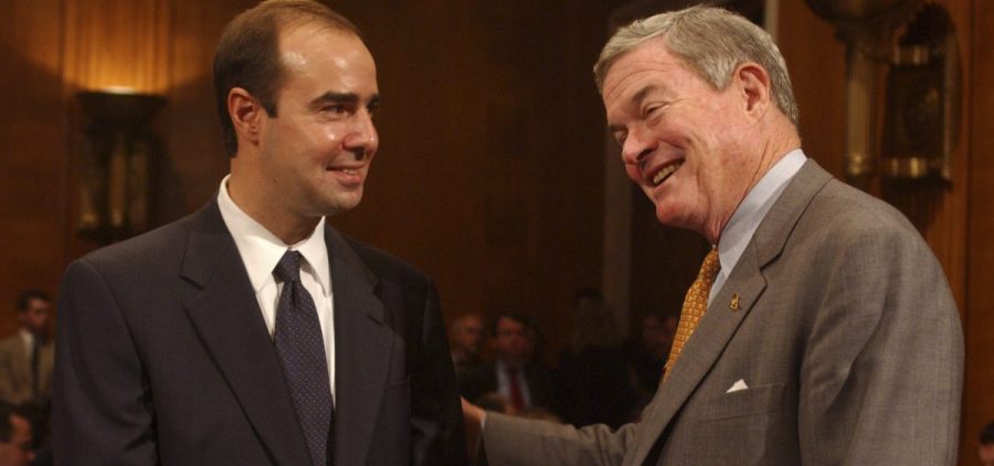 Eugene Scalia (left) talks with Missouri Sen. Kit Bond before Scalia's confirmation hearing to be solicitor of the Labor Department in 2001.