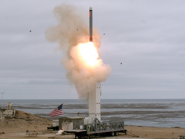This photo released by the U.S. Defense Department shows the launch of a conventionally configured ground-launched cruise missile at San Nicolas Island, Calif., on Sunday.