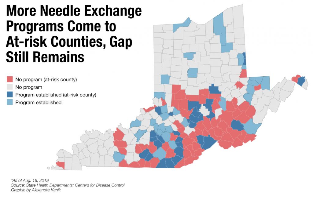 A map of Kentucky, Ohio and West Virginia shows where needle exchange programs are located.