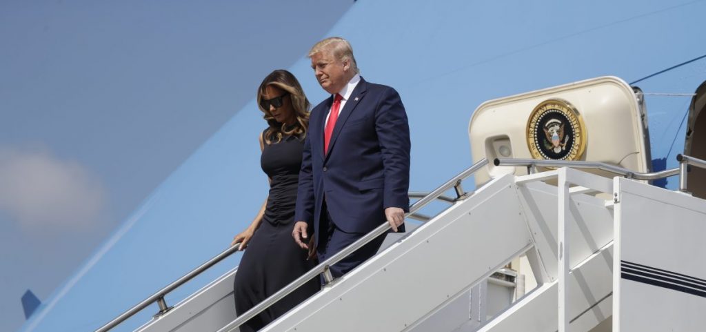 President Donald Trump and first lady Melania Trump arrive at Wright-Patterson Air Force Base to meet with people affected by the mass shooting in Dayton, Wednesday, Aug. 7, 2019, in Wright-Patterson Air Force Base, Ohio. (AP Photo | Evan Vucci)