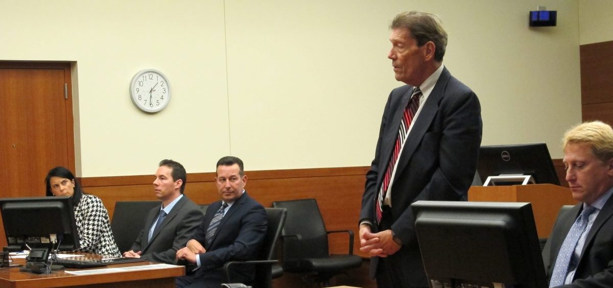Franklin County Prosecutor Ron O'Brien speaks during a court hearing for defendant William Husel, second from left, as defense attorneys Diane Menashe and Jose Baez and assistant prosecutor James Lowe listen on Wednesday, Aug. 28, 2019, in Columbus, Ohio.