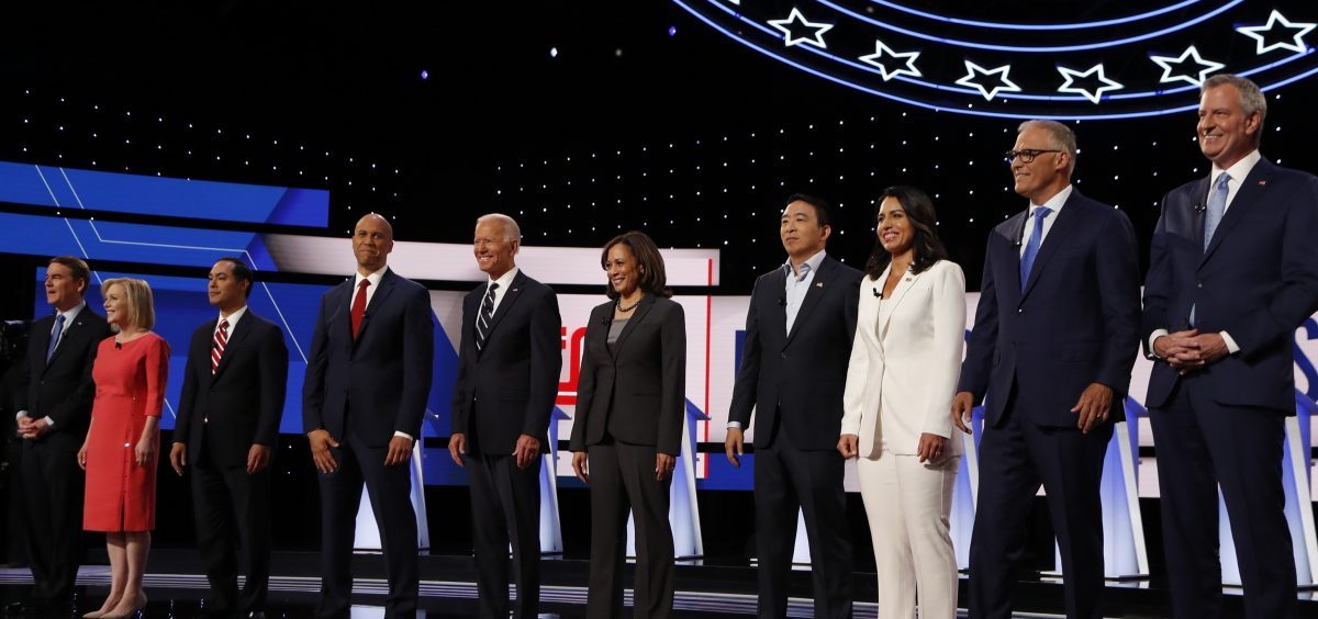Candidates are introduced before the second of two Democratic presidential primary debates hosted by CNN last month in Detroit.