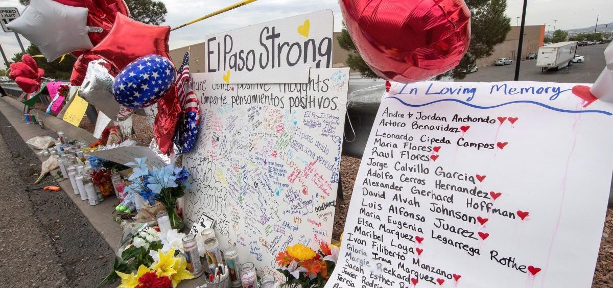 The names of the shooting victims adorn a makeshift memorial at the Cielo Vista Mall Walmart in El Paso, Texas, on August 6, 2019. The August 3rd shooting left 22 people dead.