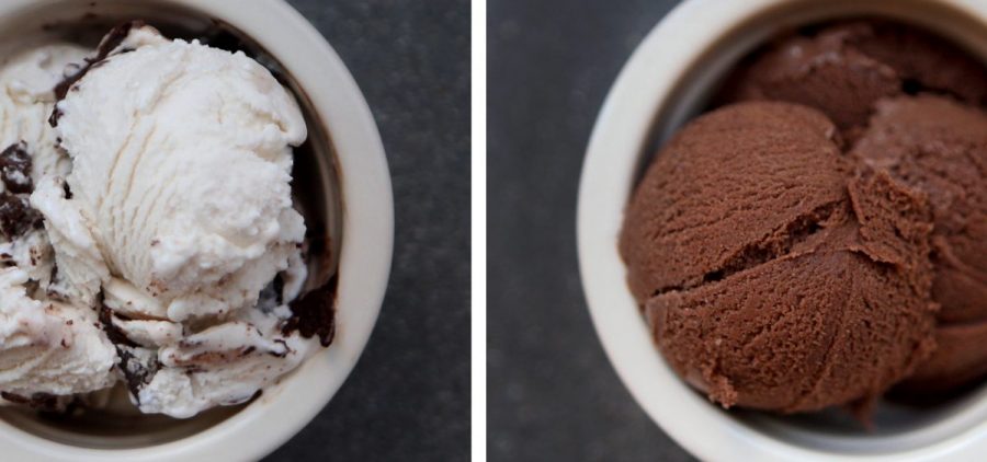 Two scoops of Perfect Day's vegan ice cream, made with synthetic whey proteins. Protein from whey, a byproduct of cheese-making, is often used to give frozen desserts a creamy texture. Perfect Day makes its whey proteins using microbes.