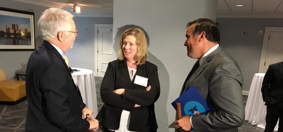 Mayor David Scheffler (R-Lancaster, left) talks with Mayor Nan Whaley (D-Dayton) and Mayor Andrew Ginther (D-Columbus). They were at the Ohio Mayors Alliance luncheon where seven cities received more than $200,000 for local educational projects.