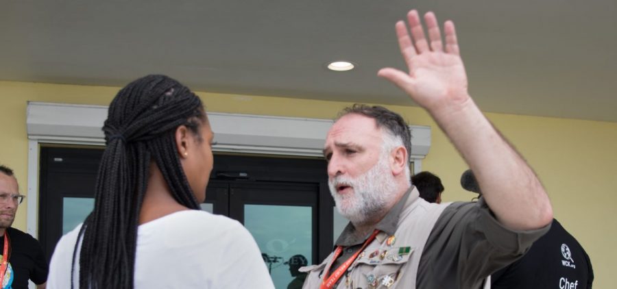 Reknowned chef José Andrés (right) is interviewed by ABC News last week in the Bahamian capital, Nassau, before heading to the Abaco Islands to deliver food to people stranded left by Hurricane Dorian.