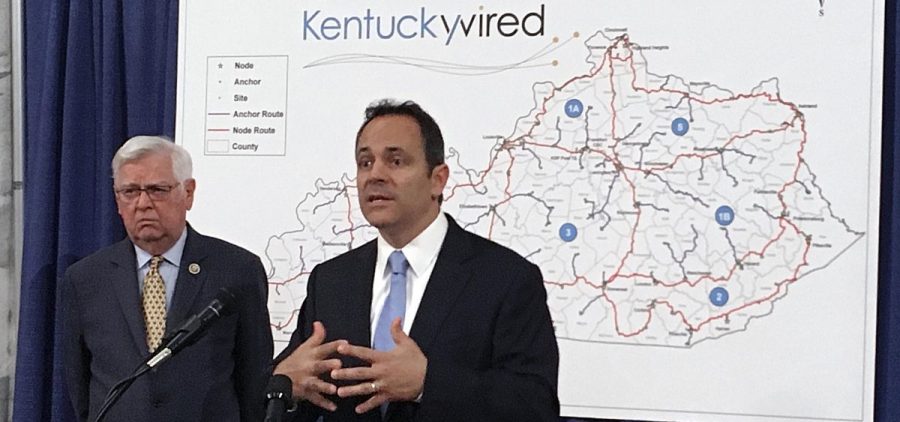 This Sept. 16, 2016 file photo, shows Republican Kentucky Gov. Matt Bevin, right, and U.S. Rep. Hal Rogers discussing the status of the statewide broadband network at the state Capitol in Frankfort, Ky. Launched with considerable fanfare in 2015