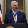 Former NBA basketball player and general manager Jerry West speaks after receiving the Presidential Medal of Freedom from President Donald Trump