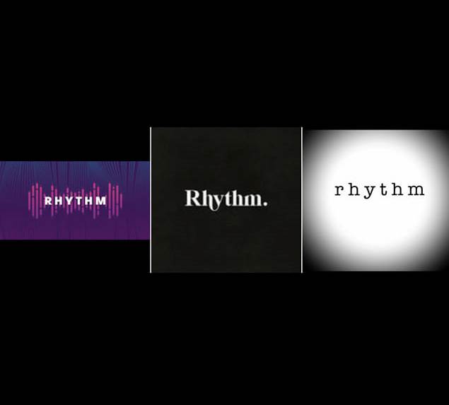 Three pictures side by side show the word rhythm in different fonts