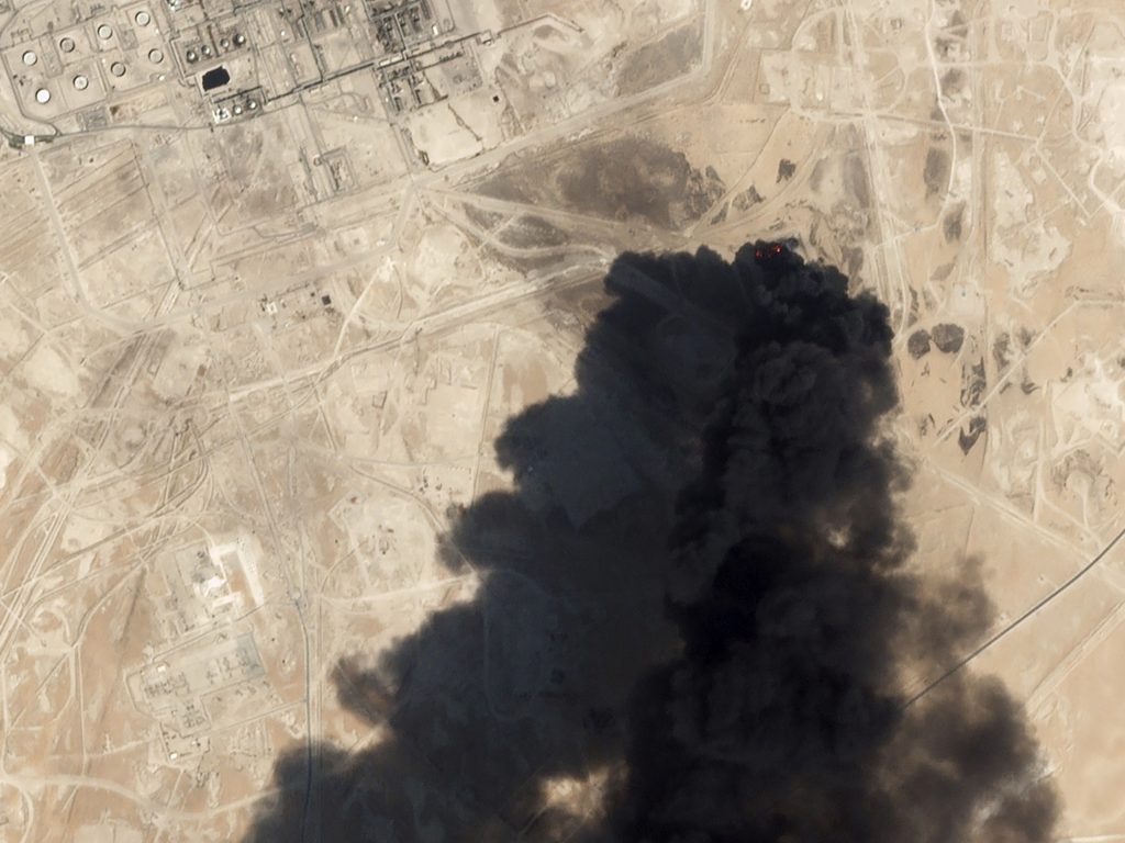 An image from Sept. 14 taken by Planet Labs Inc. shows thick black smoke rising from Saudi Aramco's Abqaiq oil processing facility.