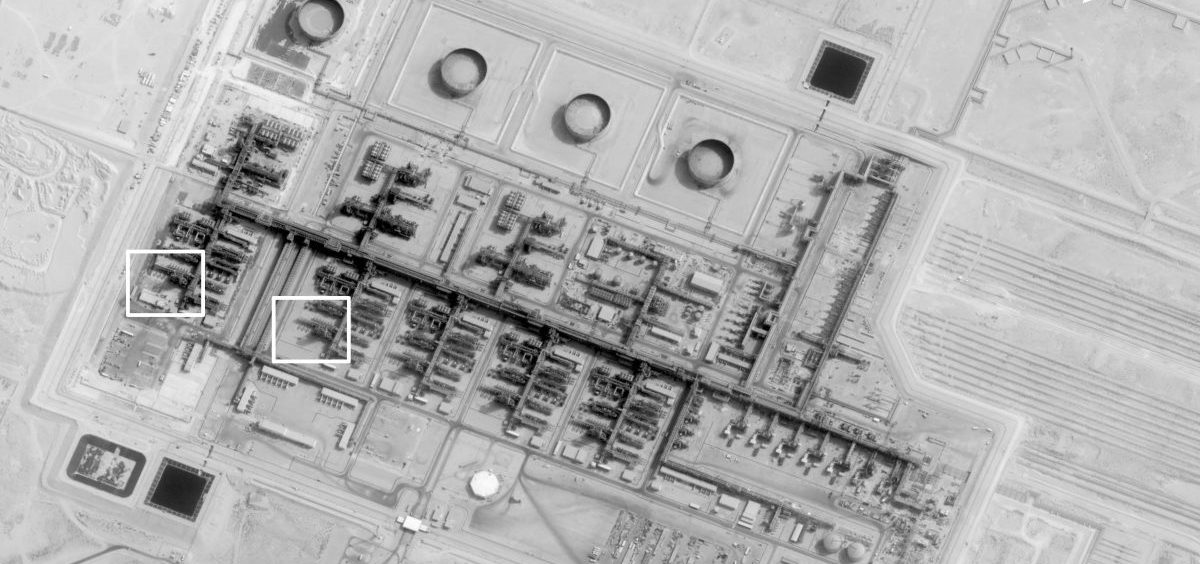 This image provided on Sunday by the U.S. government and DigitalGlobe and annotated by the source, shows a prestrike overview at Saudi Aramco's Khurais oil field in Buqayq, Saudi Arabia.