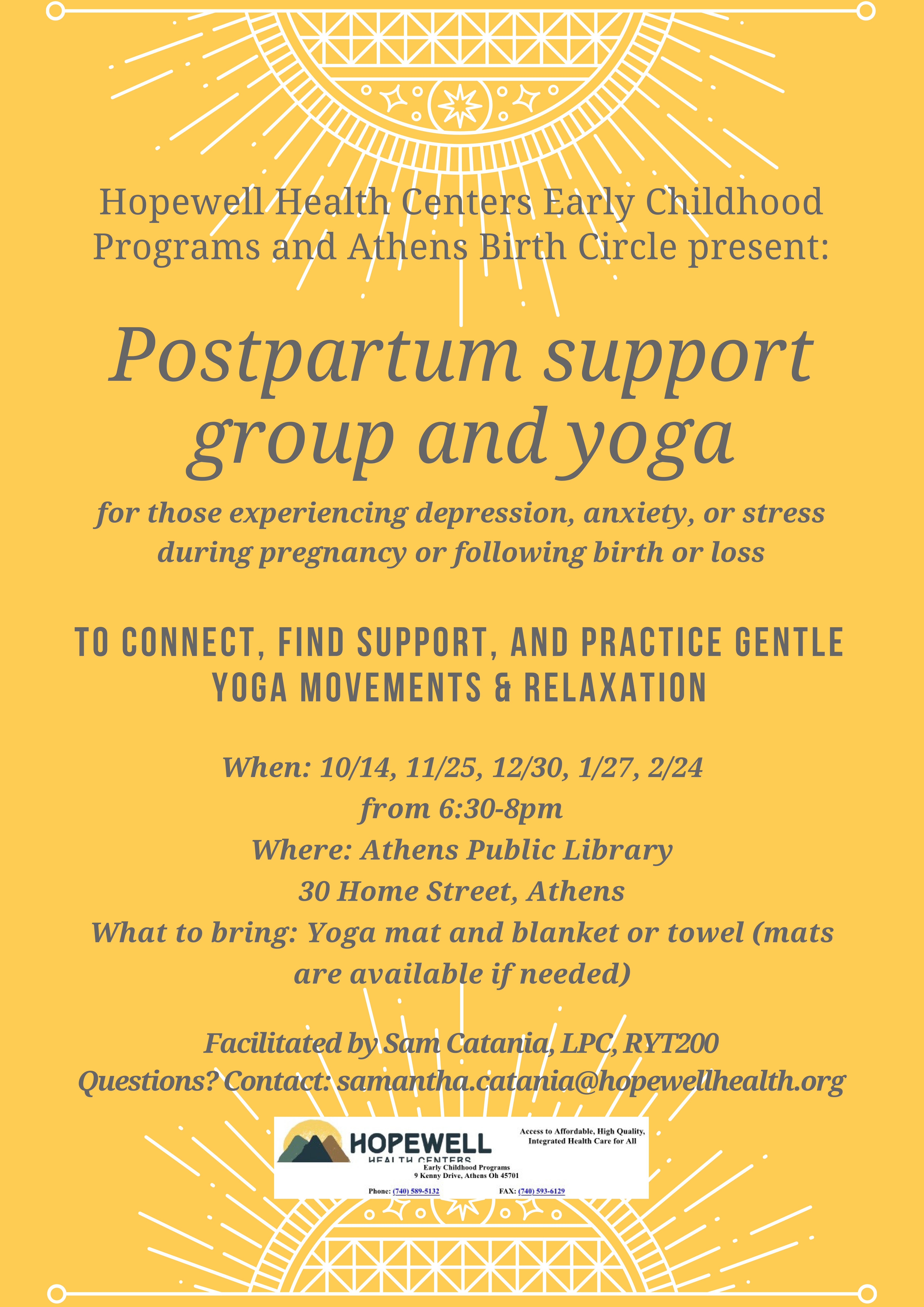 Postpartum support group and yoga flier