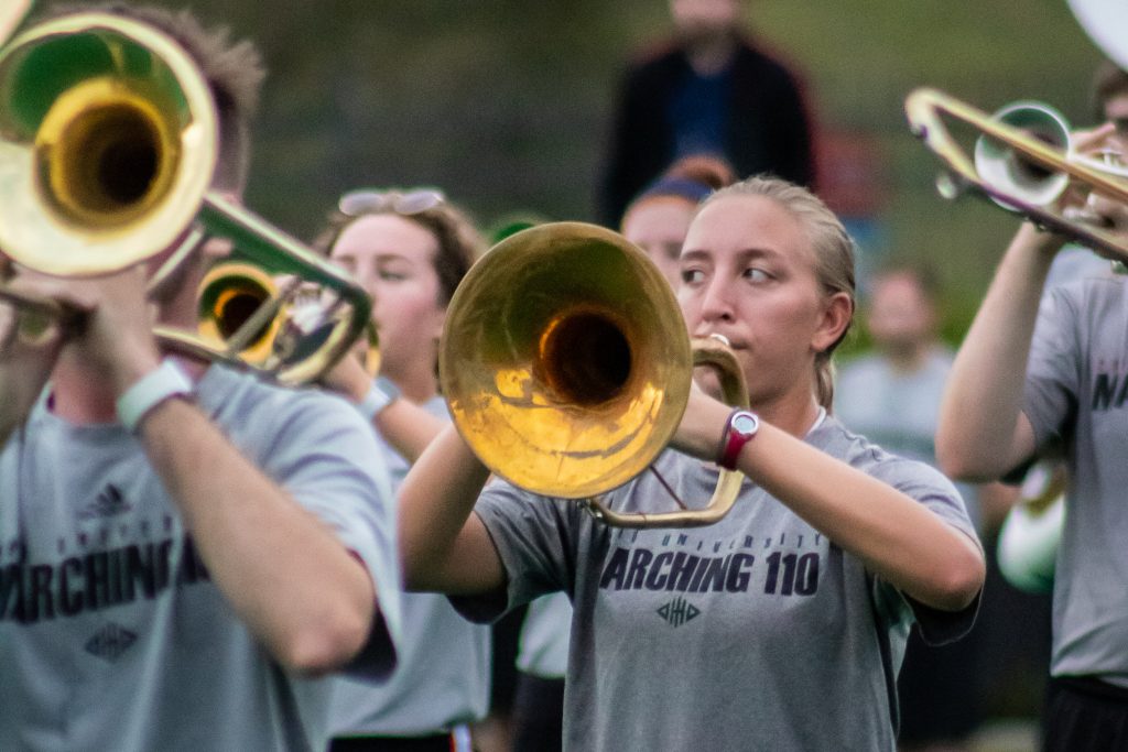 Sophia Medvid, Marching 110's first female field commander, practicing drills with the band on Wednesday, October 9, 2019 in Athens, Ohio (Sarah Ellen James/WOUB).