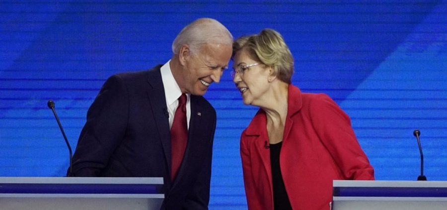 Democratic presidential candidates Joe Biden and Sen. Elizabeth Warren, D-Mass., connect before the September Democratic presidential primary debate.