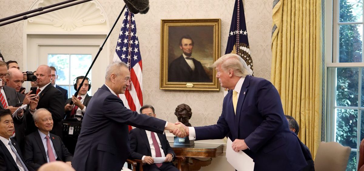 U.S. President Donald Trump shakes hands with Chinese Vice Premier Liu He in the Oval Office at the White House October 11, 2019 in Washington, DC. President Trump announced a 'phase one' partial trade deal with China.