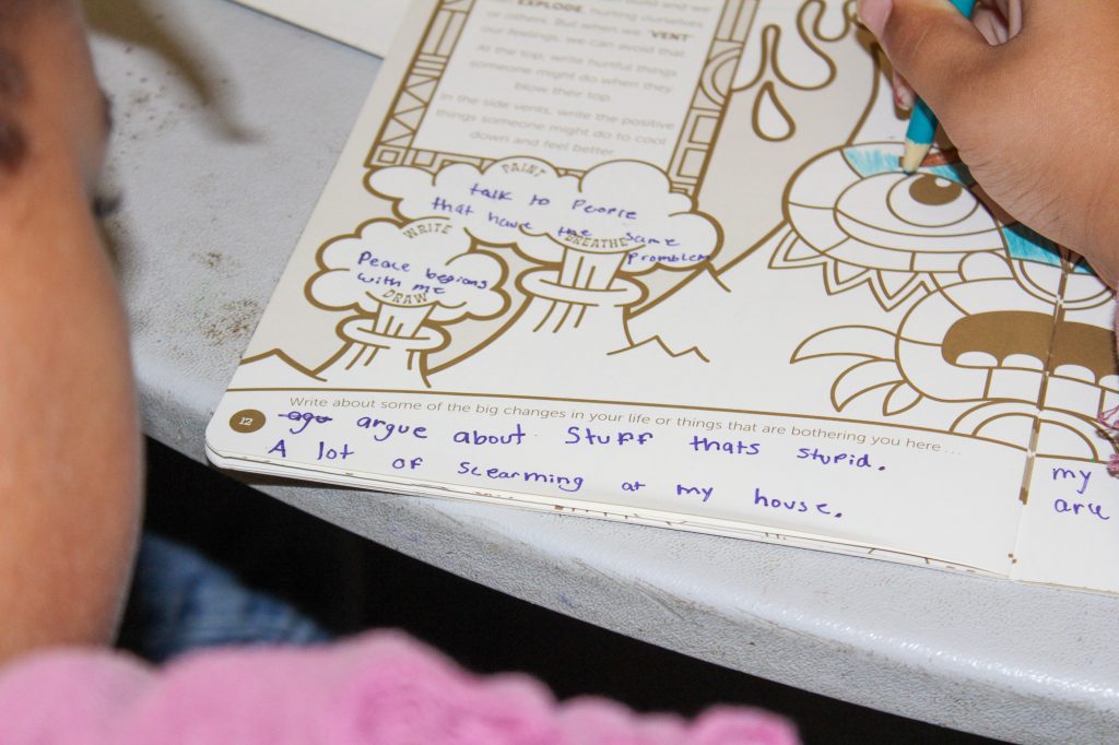 Children at Camp Mariposa are encouraged to share what's going on in their homes and talk about their feelings. Later in this activity they learn how to move from the "red zone," where they may be upset or sad, to the "green zone," where they feel happy and calm. Some say they listen to music, draw or take a warm bath.