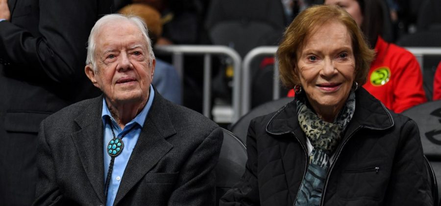 After being taken to a hospital for observation and treatment of a minor pelvic fracture, former President Jimmy Carter "is in good spirits and is looking forward to recovering at home," the Carter Center says. He's seen here with his wife, Rosalynn Carter, earlier this year.