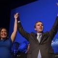 Democratic gubernatorial candidate and Kentucky Attorney General Andy Beshear, along with lieutenant governor candidate Jacqueline Coleman, acknowledge supporters at the Kentucky Democratic Party election night watch event, Tuesday, Nov. 5, 2019, in Louisville, Ky.
