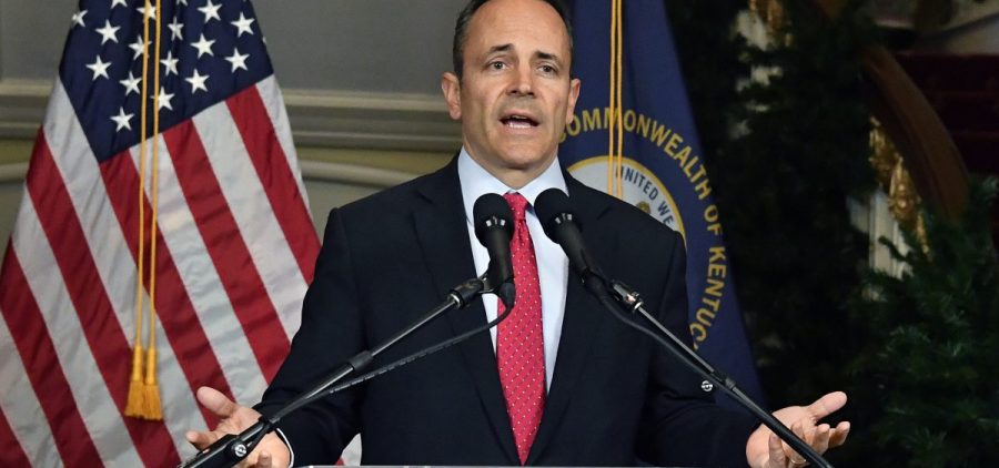 Kentucky Governor Matt Bevin announces his intent to call for a recanvass of the voting results from Tuesday's gubernatorial elections during a press conference at the Governor's Mansion in Frankfort, Ky., Wednesday, Nov. 6, 2019.