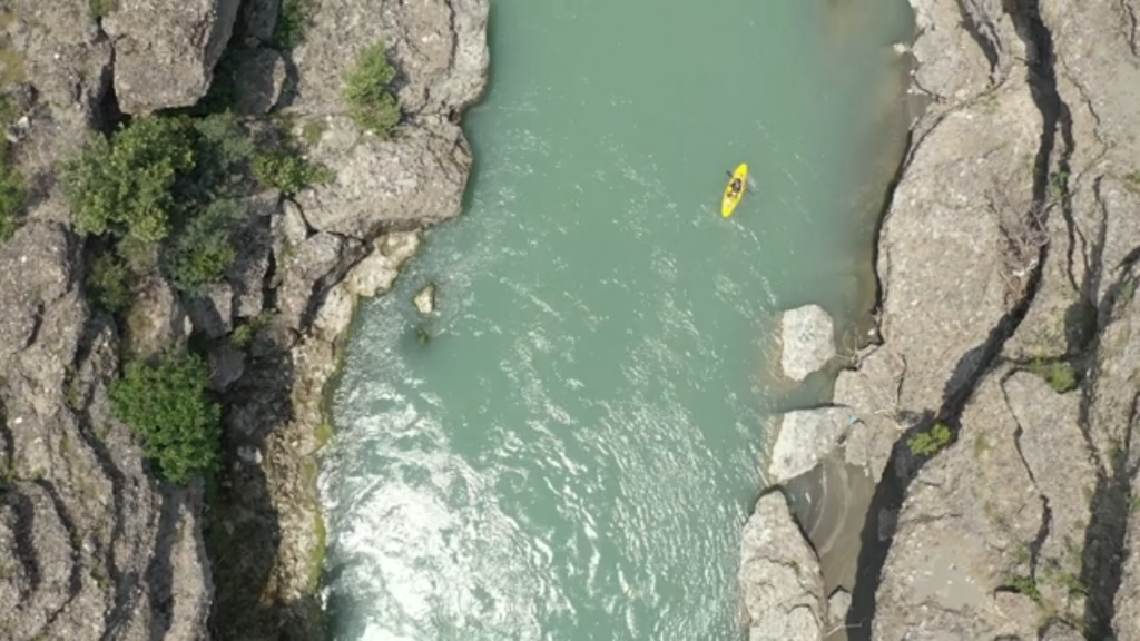 Aerial view of rafter on Vjosa River