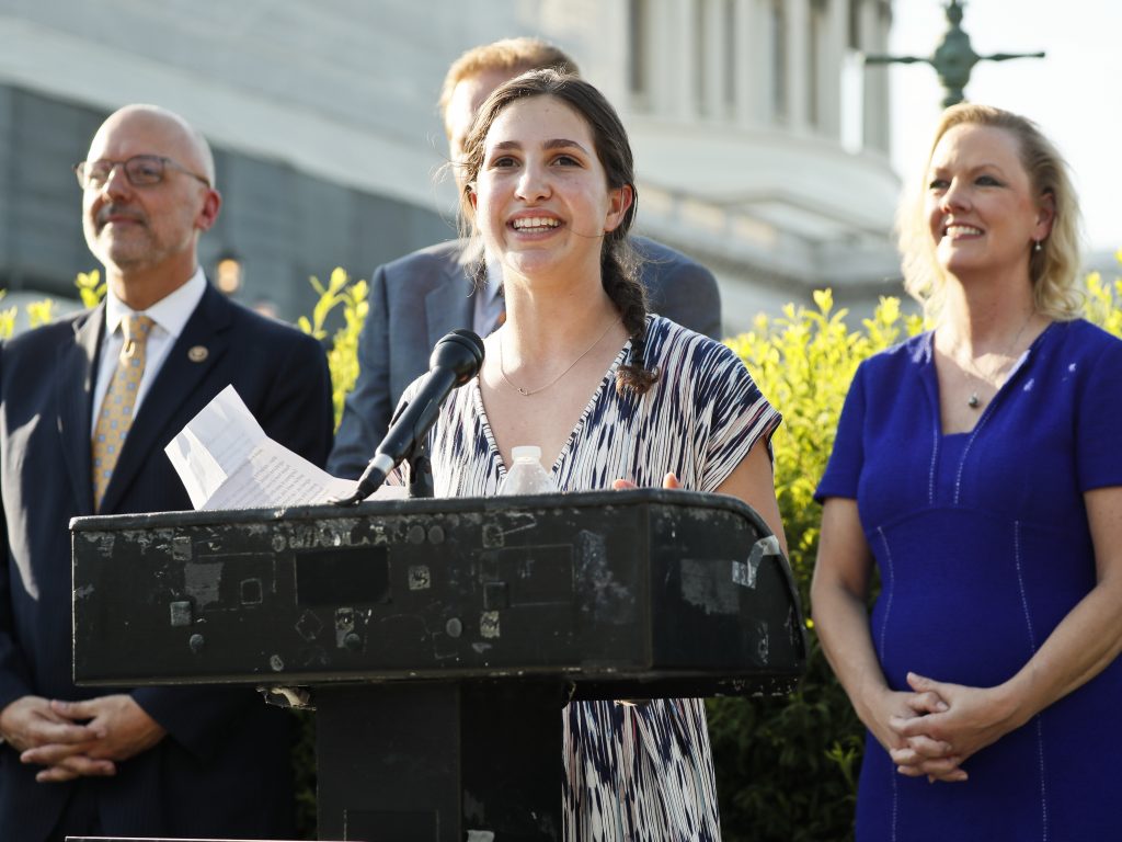 Sydney Helfand, a Maryland high school student, started a petition to back the Preventing Animal Cruelty and Torture (PACT) Act, which Congress has now approved. Helfand is seen here speaking about the bill in Washington last summer.