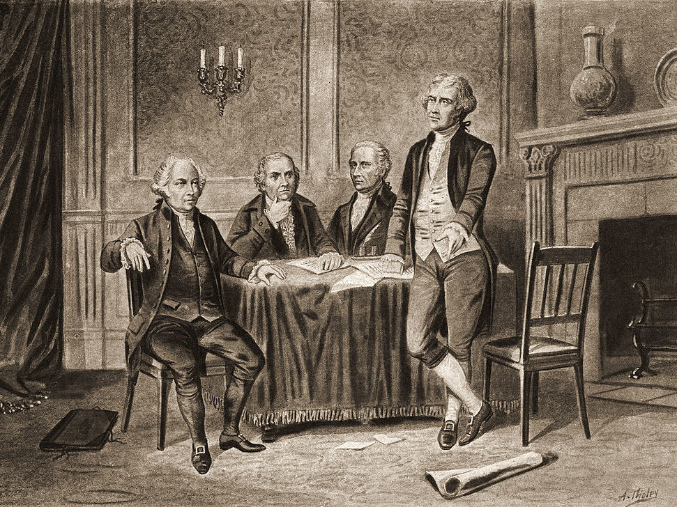 Illustration of four of the United States' Founding Fathers: John Adams, Robert Morris, Alexander Hamilton and Thomas Jefferson.