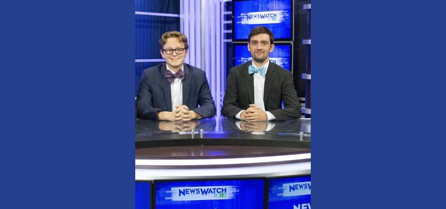 Ben Schwartz and Tyler Corbit on the Newswatch set