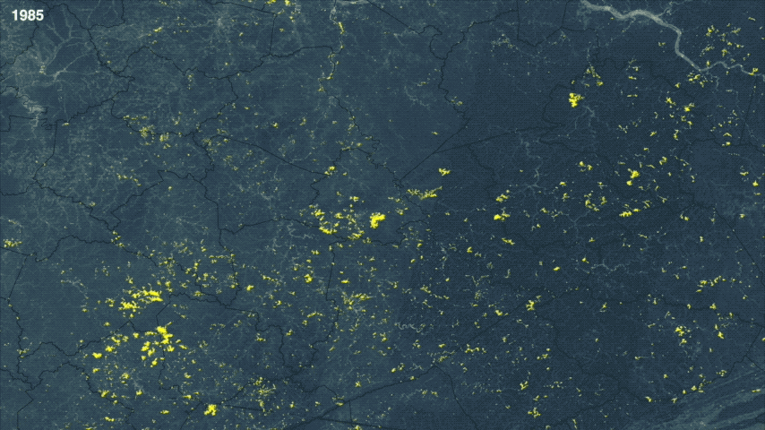 This animation shows the expansion of surface mining’s footprint (displayed in yellow) from 1985 to 2015 for a 31,000 square kilometer sub-region of the study area in West Virginia and Kentucky, and has county boundaries visible.