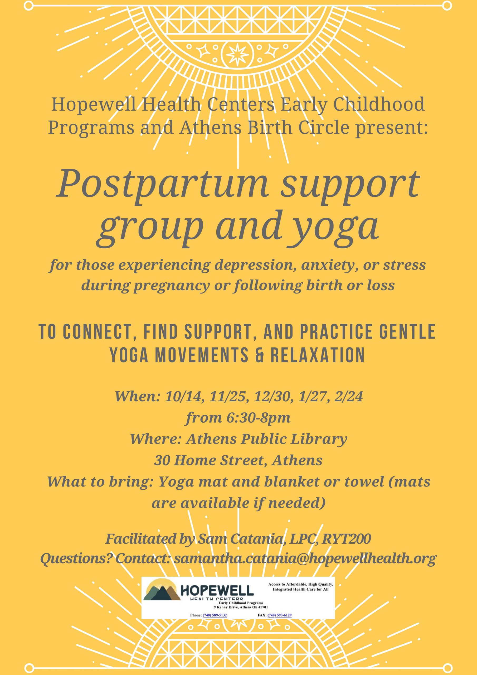 Postpartum support group and yoga flier