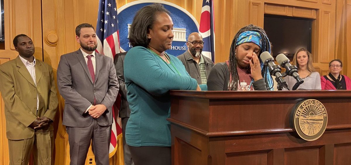 Crystal Brown, left, comforts her 15 year old daughter Josephine Brown-Walker as she talks about her EdChoice voucher, which allows her to attend a Christian high school in Columbus.
