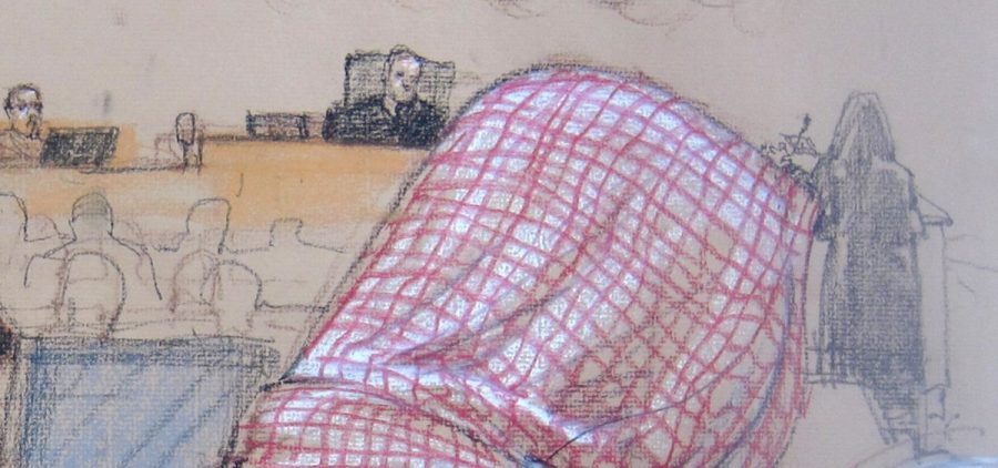 In this pool photo of a Pentagon-approved sketch by court artist Janet Hamlin, defendant Ali Abdul Aziz Ali, also known as Ammar al-Baluchi, attends his pretrial hearing along with other Sept. 11 defendants at Naval Station Guantanamo Bay in 2014.