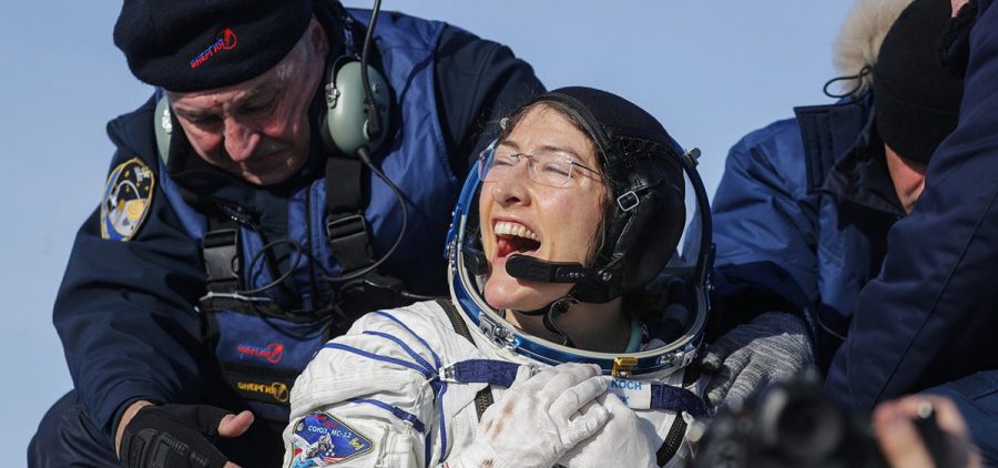 U.S. astronaut Christina Koch reacts shortly after the landing of the Russian Soyuz MS-13 space capsule about 150 km ( 80 miles) south-east of the Kazakh town of Zhezkazgan, Kazakhstan, Thursday, Feb. 6, 2020.