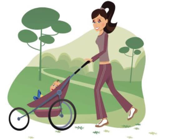A cartoon of a woman pushing a stroller