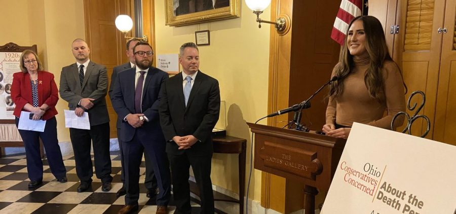 Hannah Cox (right), national manager of Conservatives Concerned About the Death Penalty, introduces the group: GOP strategist Michael Hartley, former death penalty juror Ross Geiger, son of murder victim Jonathan Mann and Rep. Laura Lanese (R-Grove City).