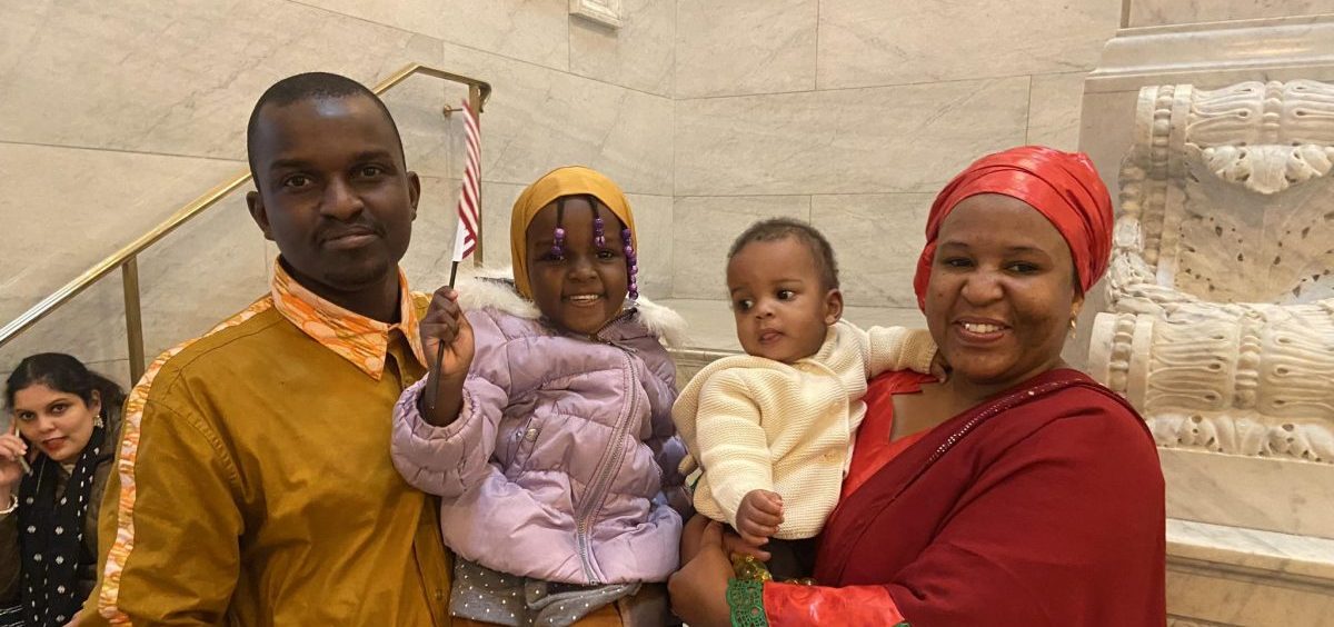 Maree Gavhed, her husband Abdloulaye Soumana and her children celebrate her new citizenship.