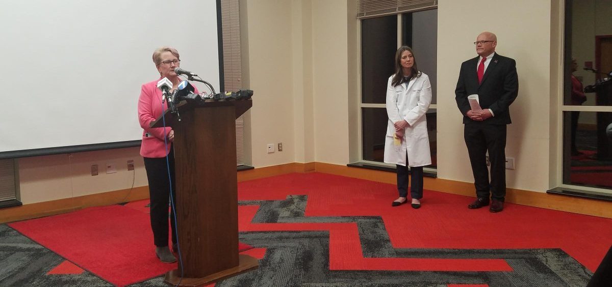 Butler County Health Commissioner Jennifer Bailer discusses the county's response to possible coronavirus cases at Miami University as Dr. Amy Acton, Ohio Department of Health, and Miami President Gregory Crawford look on.